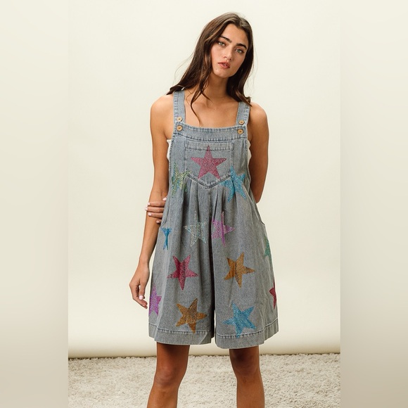 BiBi Star Rhinestone Washed Wide Leg Shortalls - Picture 2 of 14